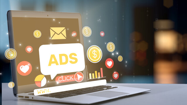 A vibrant image of a laptop with advertising elements, showcasing various icons, charts, and messages that illustrate the dynamics of digital marketing and online engagement. Salient