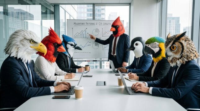 Businesspeople with bird heads at corporate meeting in modern office. Man presents growth charts on whiteboard while colleagues sit at conference table with laptops.