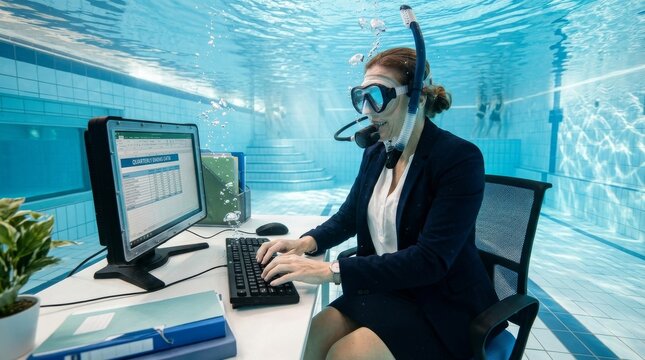 Businesswoman in diving mask working at desk with computer underwater in swimming pool. Surreal office scene with bubbles and data on screen.