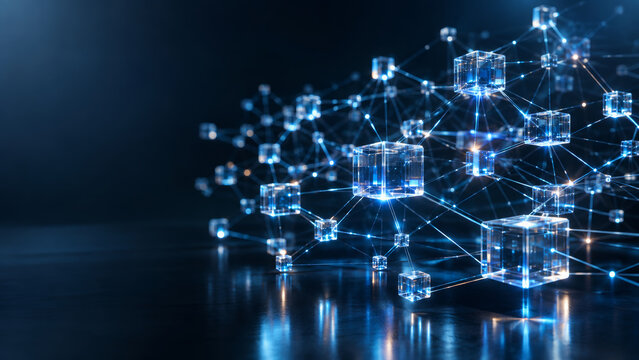 Blockchain network connecting data blocks with glowing lines, representing digital technology, decentralized finance, and distributed ledger systems for secure information exchange