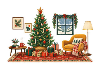 Fototapeta premium PNG Cozy vintage Christmas living room illustration with decorated tree