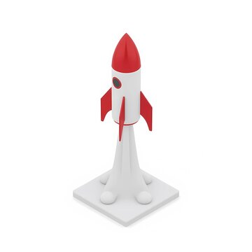 3D isometric app icon of a sleek red and silver rocket launching up