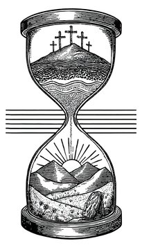 Hourglass with three crosses and rising sun engraving