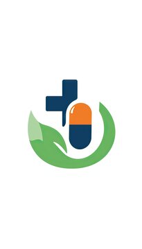 Medical logo with large leaf, cross, and pill capsule