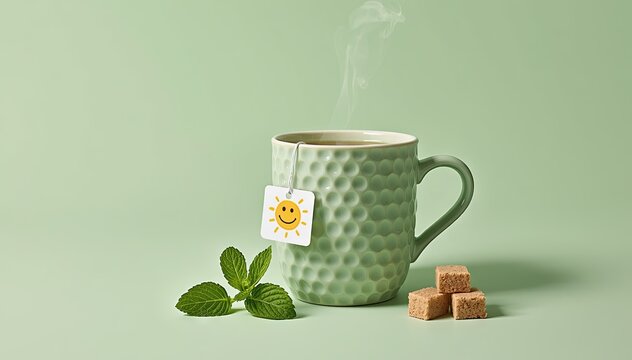 Green mug with steaming tea bag and mint leaves on green background