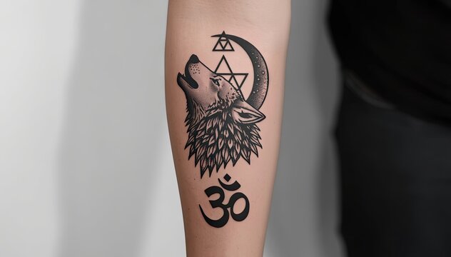 Wolf howling at crescent moon tattoo with om symbol on arm