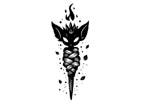 Black and white tribal torch icon with cat face and flame