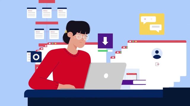 Frustrated woman working on laptop computer surrounded by floating digital windows and software interface elements animation footage