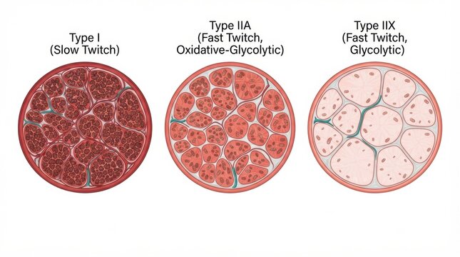 This visual compares different muscle fiber types in relation to sports injuries and their physiological properties observed in athletes.