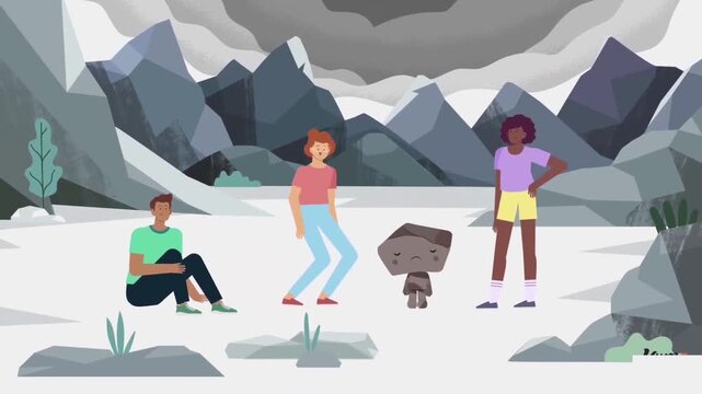 Animated video clip showing three diverse friends interacting with a sad stone character outdoors in mountainous landscape