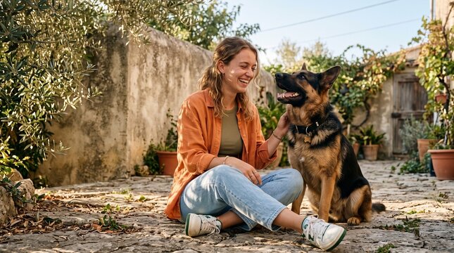 Happy woman laughing while sitting beside and petting a German Shepherd in a sunny rustic garden courtyard.