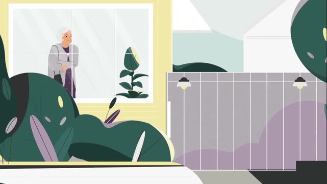 Lonely elderly woman standing inside her cozy home watching outdoors through large window in animated footage