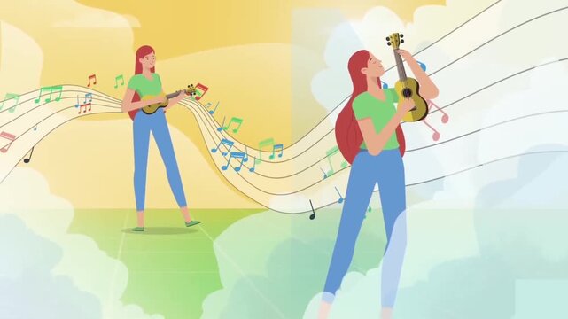 Colorful animated motion footage of happy young women playing acoustic ukuleles with floating musical notes