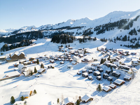 Stoos village ski resort in swiss alps winter