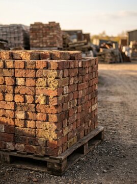 Stack of old bricks on a wooden pallet at a salvage yard with construction material