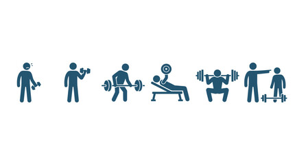 Fototapeta premium Set of blue icons showing people performing various weightlifting and gym exercises.