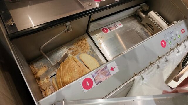 Person removing freshly sliced bread from a commercial bread slicing machine in a supermarket bakery with gloved hands and automated equipment
