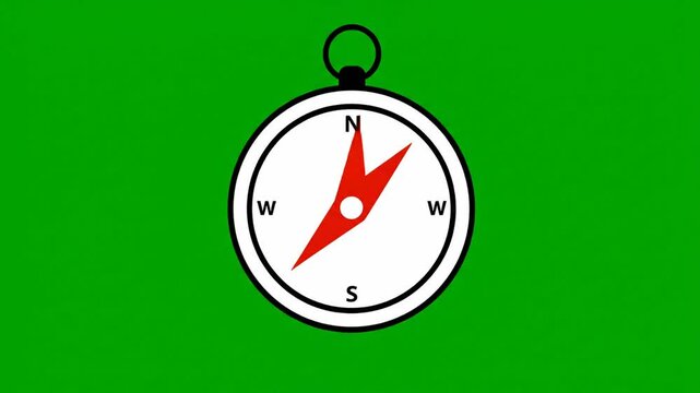 Animated directional navigation compass spinning rapidly with red needle pointing towards north on green screen footage clip