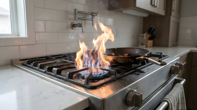 Kitchen gas stove with a pan on fire, illustrating a dangerous cooking accident and emergency preparedness