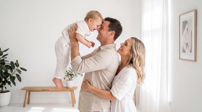 A happy young family laughing together as the father lifts their toddler while the mother hugs him from behind in a bright modern living room.