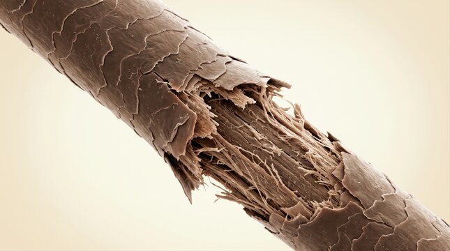 A close-up scanning electron microscope image showing a damaged human hair fiber with split ends.