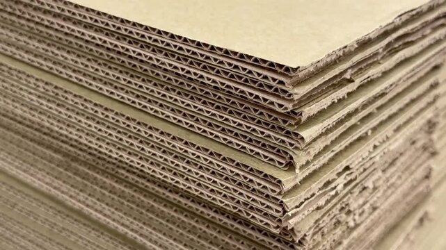 Stack of neatly arranged corrugated cardboard sheets with visible fluting, brown paper material display, perfect for packaging, shipping, and storage industry concepts.