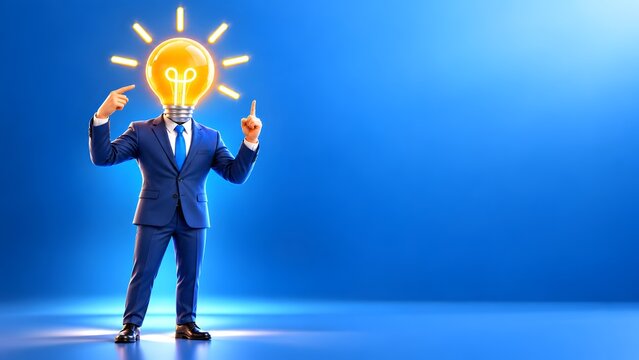 Businessman in blue suit with a glowing lightbulb head pointing up. Concept of disruptive innovation and corporate problem solving.