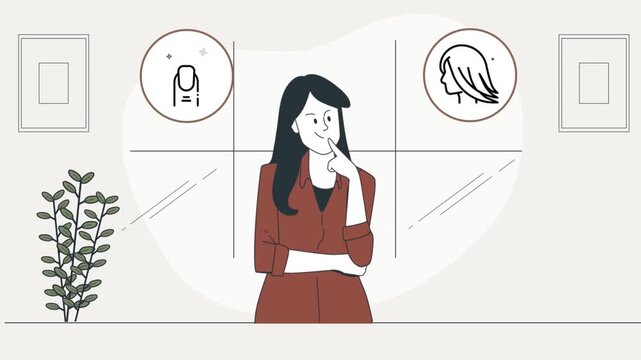 Thoughtful woman considering beauty options with nails and hair icons in motion graphic animation footage
