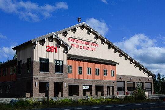 Snoqualmie Pass, WA, USA - September 23, 2026; Snoqualmie Pass Fire and Rescue station 291 in Washington Cascade mountains