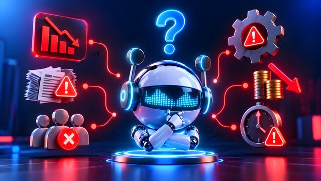 Futuristic robot thinking under neon question mark surrounded by red warning icons. Concept of automation bottleneck and system failure risk.
