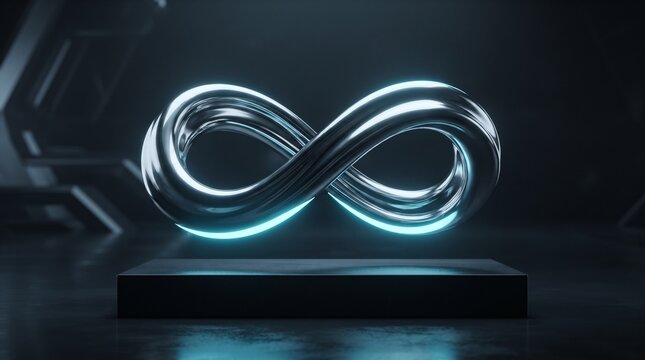 Fluid infinity symbol sculpted from liquid metal with electric cyan underlighting and soft ice blue highlights tracing its graceful continuous curves.