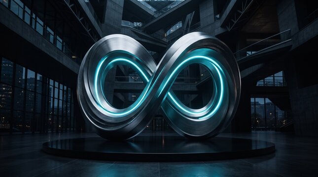 Monumental metallic infinity sculpture combining brushed titanium and dark chrome with electric cyan illumination and subtle ice blue highlights.