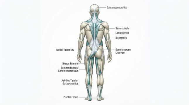 The back line anatomy and fascia connective tissue details, emphasizing myofascial structures in the human body.