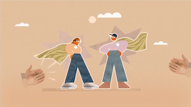 Animated superhero characters posing proudly with capes while people clap hands in stop motion video footage
