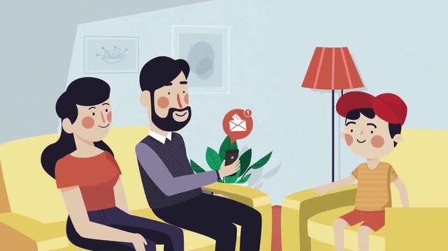 Animated family sitting together in a cozy living room watching television video clip motion