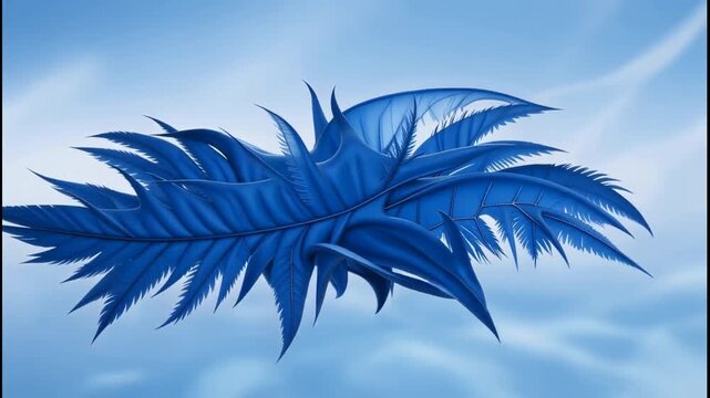 Blue feather-like abstract forms swirling and transforming against light background
