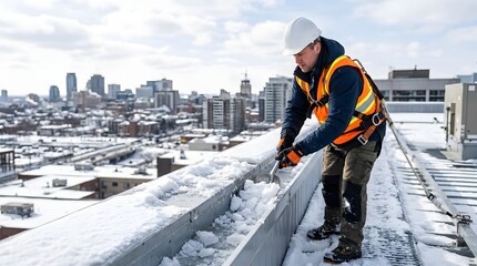 Obraz premium Professional Maintenance Worker Wearing Safety Harness and Helmet Clearing Heavy Snow from a High-Rise Building Rooftop Using a Shovel During Winter with City Skyline Background for Safety Service