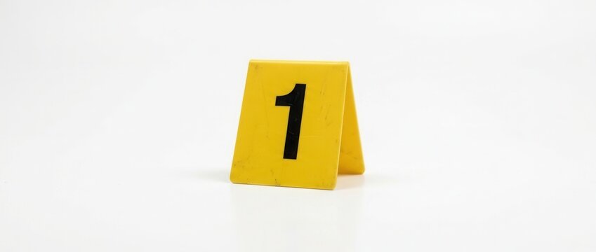 Yellow crime scene marker number 1 on white background forensic evidence marker investigation first clue