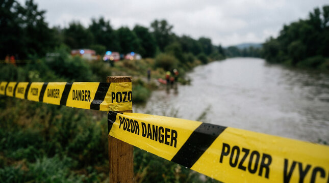 Yellow Danger Tape Across River Scene with Emergency Vehicles and Rescuers