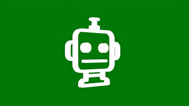 Rotating white robot head icon graphic animation sequence on solid green screen background video clip