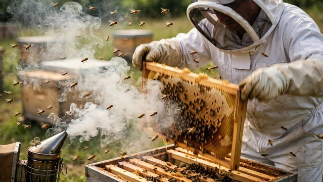 Beekeeper in protective suit harvesting honey holding honeycomb frame with swarming bees and smoking bee smoker in apiary, apiculture concept