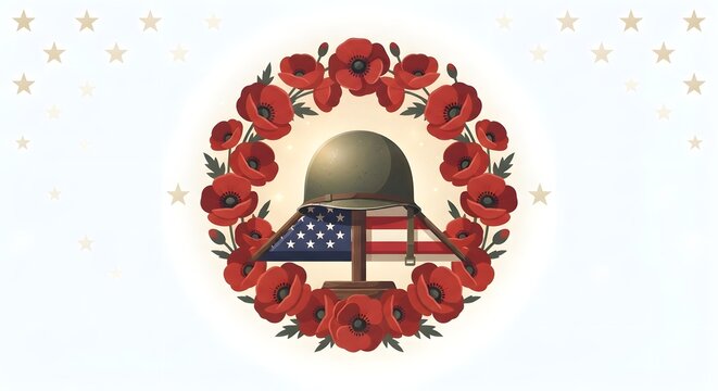 Remembrance Day or Memorial Day concept with red poppy flower wreath, military helmet, and American flag