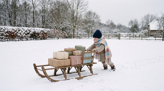 Young child pushing a wooden sled loaded with wrapped gifts through a snowy winter landscape
