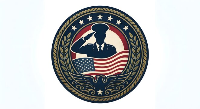 Vintage American military insignia with saluting soldier silhouette, eagle, and US flag design