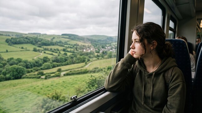 Young woman looking out train window at green rolling hills and countryside landscape
