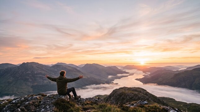 Man sitting on mountain peak with arms outstretched embracing sunrise over misty lake and rolling hills