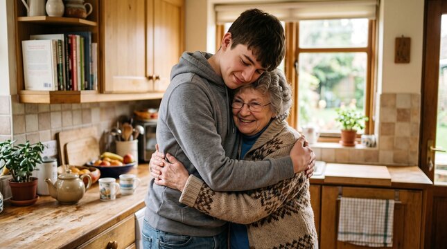 Young man affectionately hugs his smiling grandmother in a cozy kitchen setting