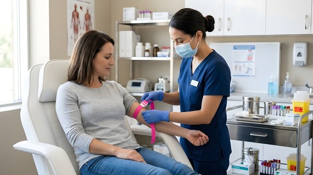 A professional female nurse wearing a face mask and blue scrubs applies a pink tourniquet to a woman's arm in a modern medical clinic, preparing for a blood draw or laboratory procedure.