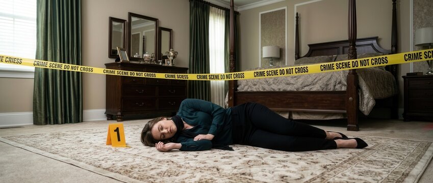 Woman Lying on Bedroom Floor Behind Crime Scene Tape with Evidence Marker