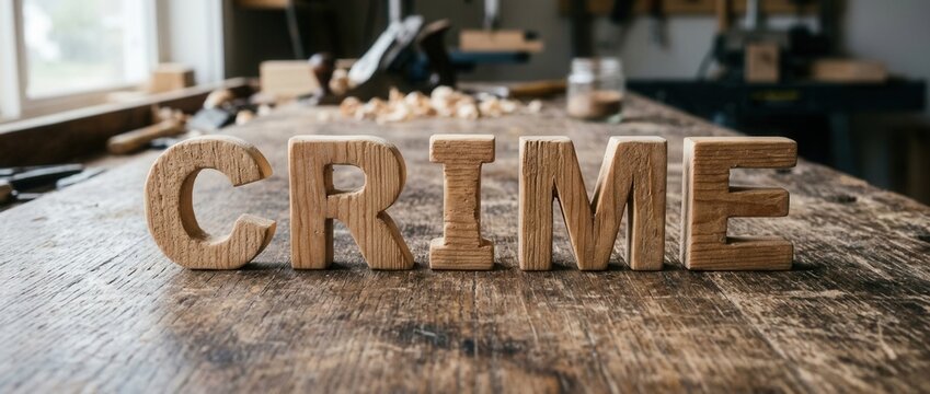 Wooden Letters Spelling CRIME on a Rustic Workbench with Woodworking Tools Symbolizing Illicit Activities and Law Breaking